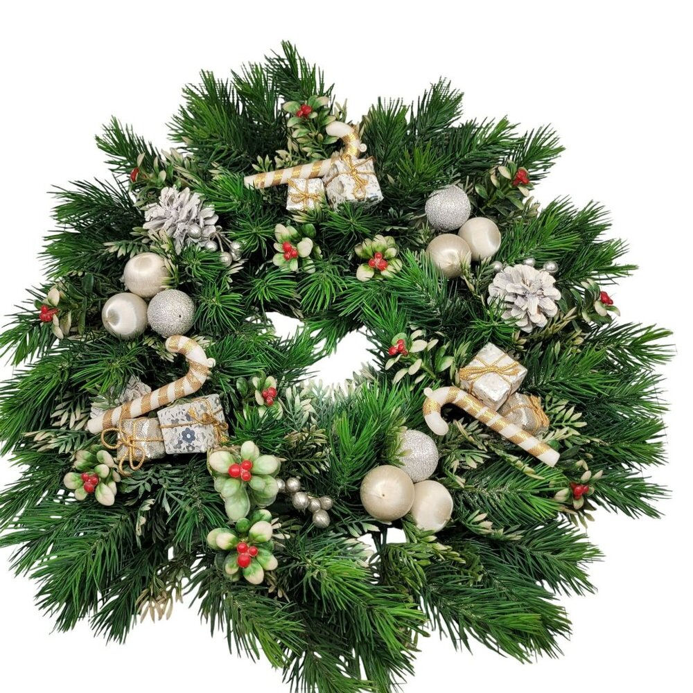Plastic Christmas Pine Door Wreath Candle Ring Center Piece Candy Canes Vtg MCM